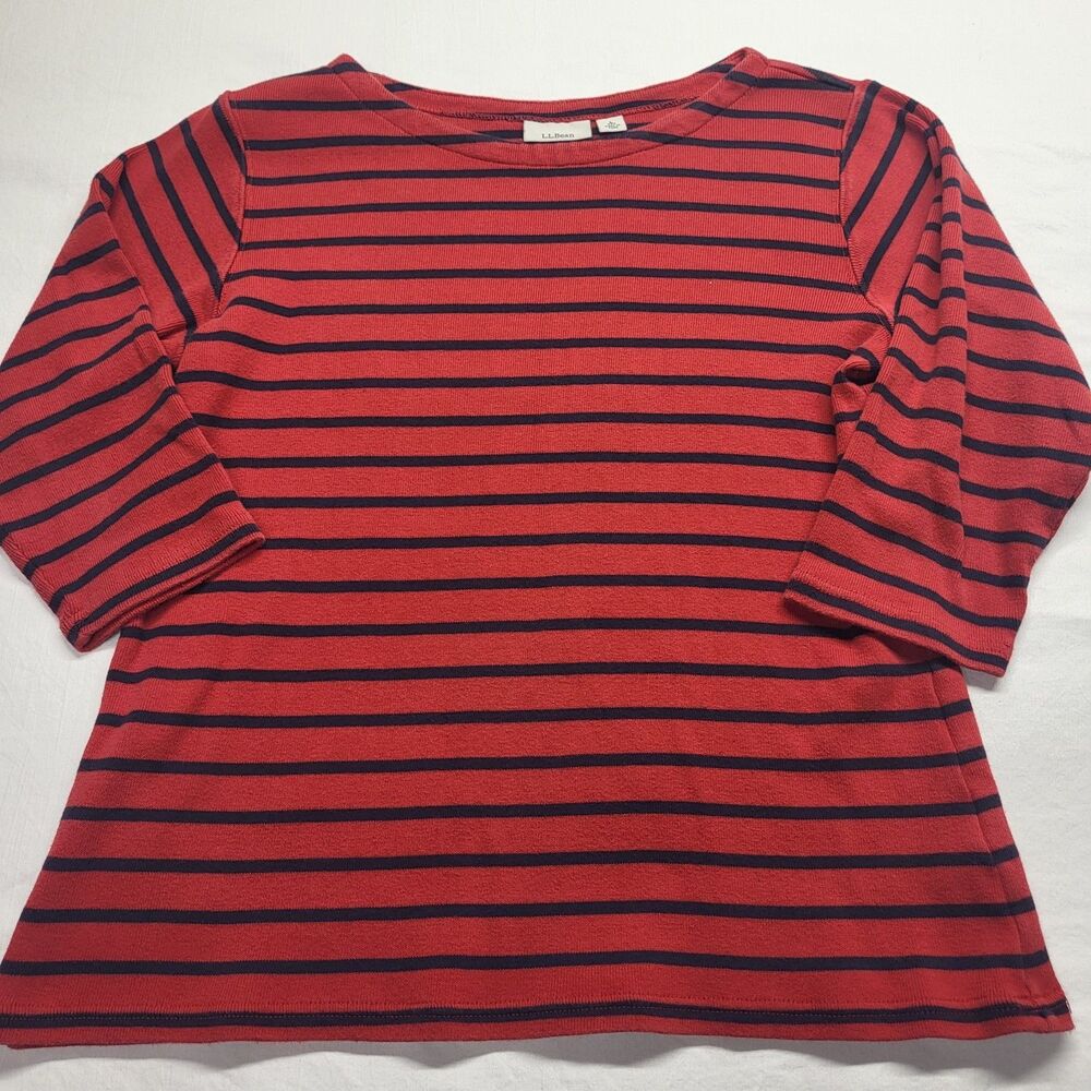 L.L.Bean Womens Large Navy Red Stripe Boat Neck Top 3/4 Sleeve 100% Cotton
